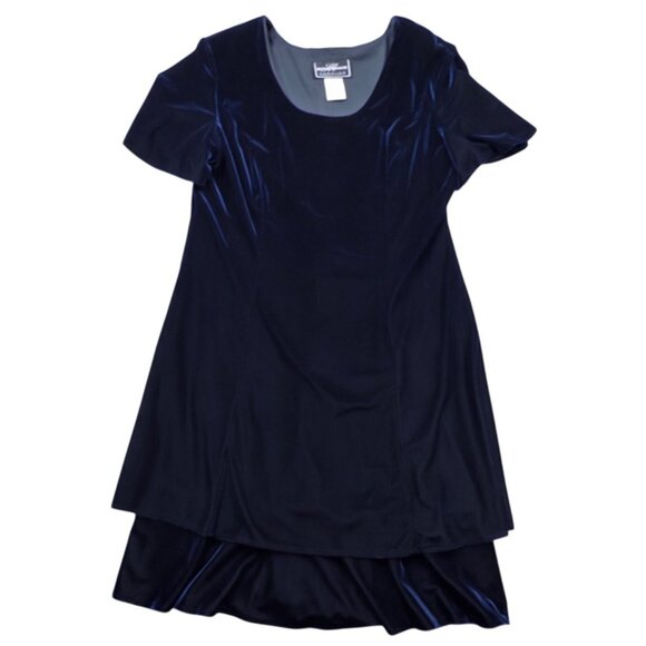 Vintage 90s Velvet Dress 16 Deep Blue Midi Tiered Flutter Sleeve Goth Holiday - Picture 2 of 8